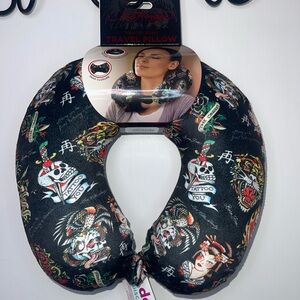 NWT Ed Hardy Black Tattoo Print Travel Pillow
